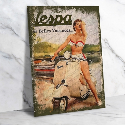 Vespa Es Belles Vacances Ahşap Retro Vintage Poster 