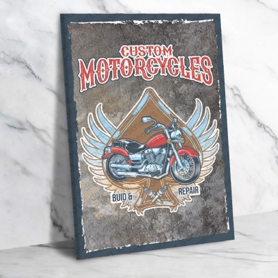 Custom Motorcycles Ahşap Retro Vintage Poster 