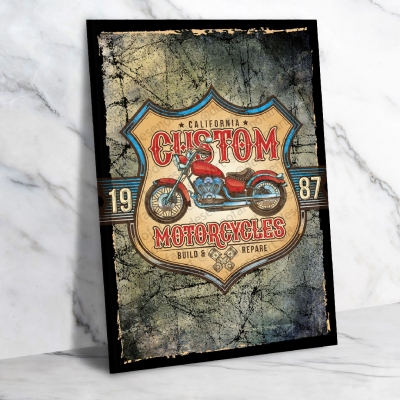 Custom Motorcycles Ahşap Retro Vintage Poster 