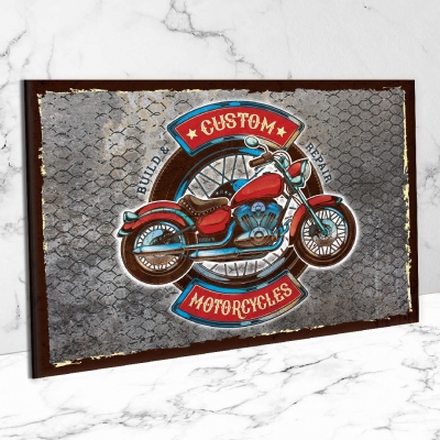 Custom Motorcycles Ahşap Retro Vintage Poster 