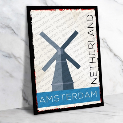 Amsterdam Netherland Ahşap Retro Vintage Poster 