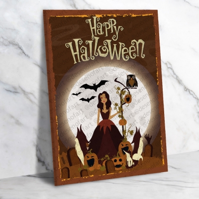Happy Halloween Ahşap Retro Vintage Poster 