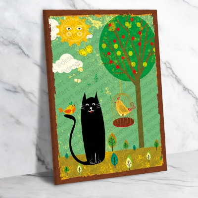 Black Cat Art Ahşap Retro Vintage Poster 