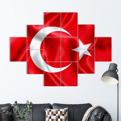 Türk Bayrağı 12 Parçalı Ahşap Mdf Tablo Seti