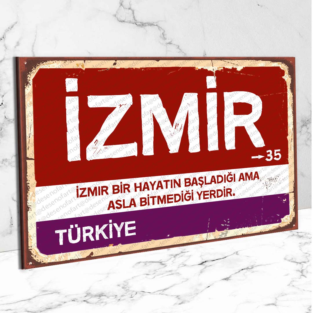 İzmir Ahşap Retro Vintage Şehir Tabelası